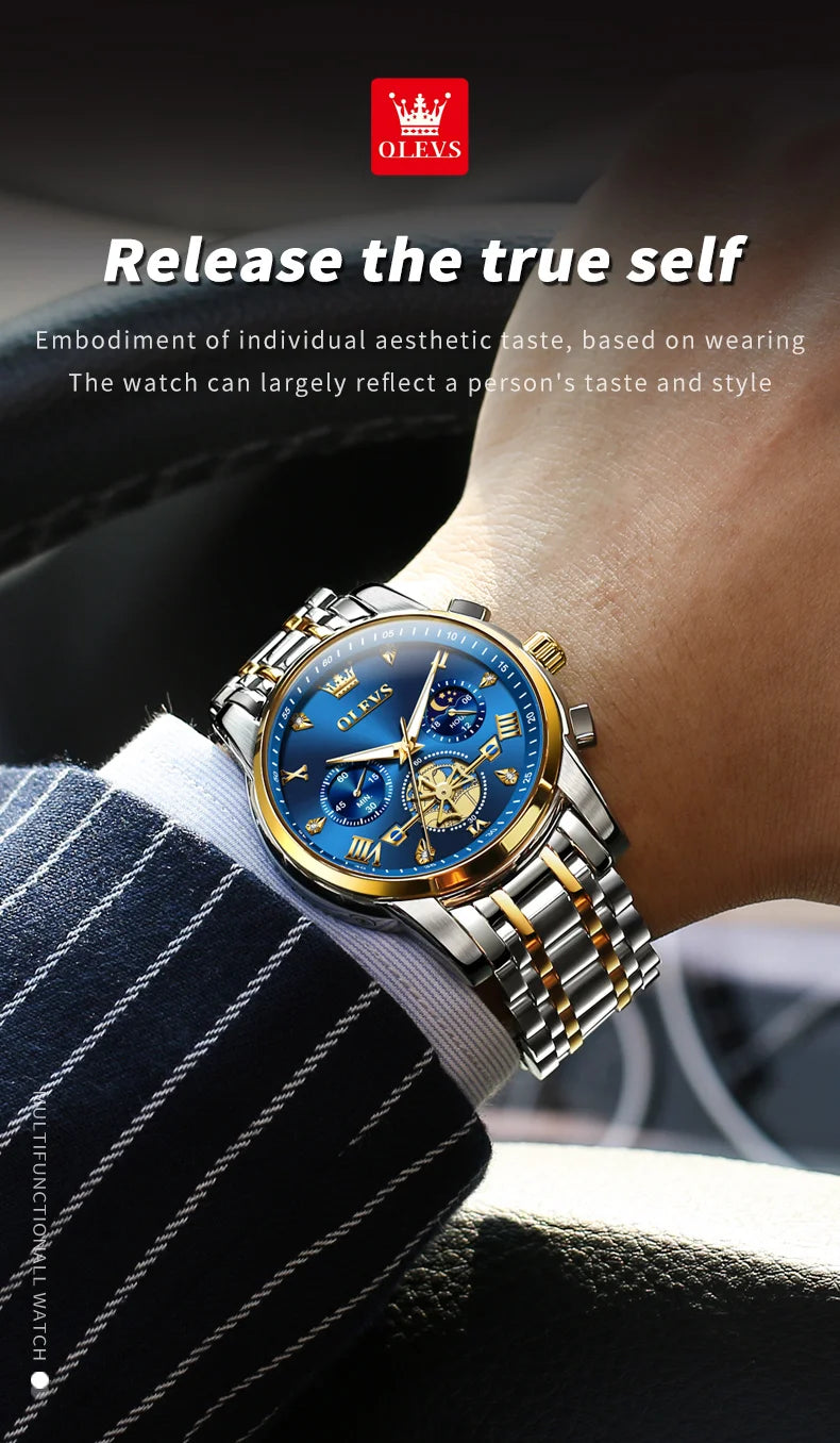 OLEVS 2856 Original Quartz Dress Watch For Men Moon Phase Stainless Steel Business Wristwatch Waterproof Luminous Man Watches