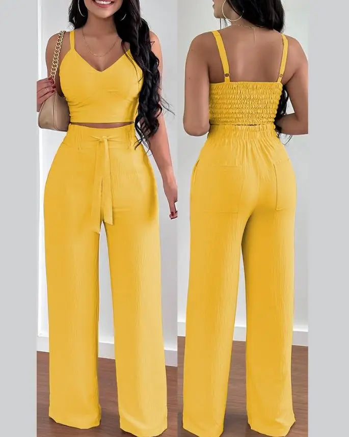 Tow Piceses Outfits for Women 2023 V-Neck Sleeveless Shirred Crop Top & Pocket Design Elegant Work Lady Wide Leg Pants Set