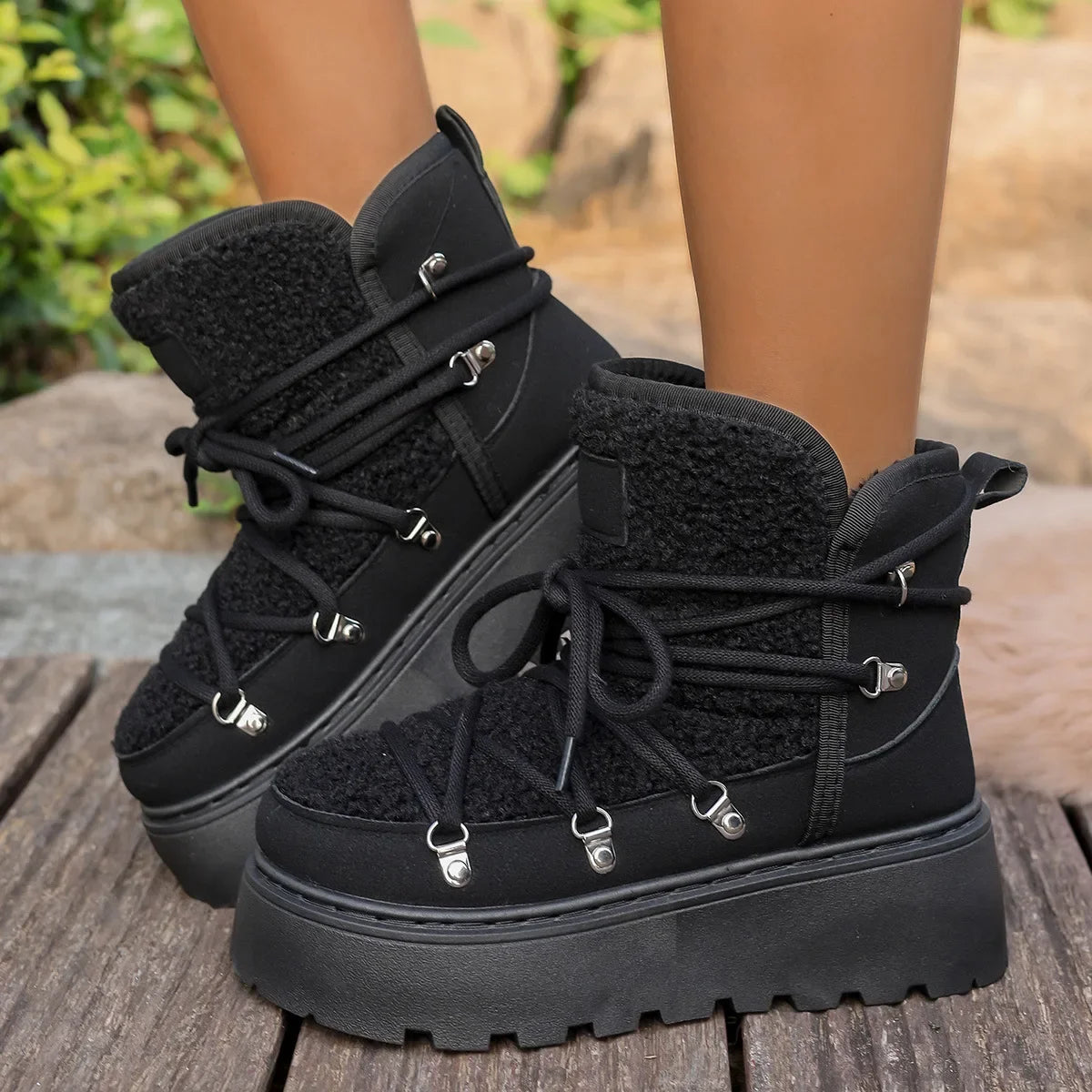 Women’s Winter Snow Boots – Warm, Fleece-Lined, Thick Sole, Cotton Material, Adjustable Ties, Non-Slip Rubber Outsole,