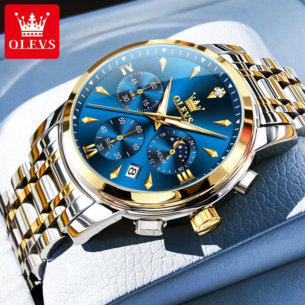 OLEVS 3639 Moon Phase Quartz Watch For Men Fashion Chronograph Luxury Wristwatch Waterproof Luminous Date Business Man Watches