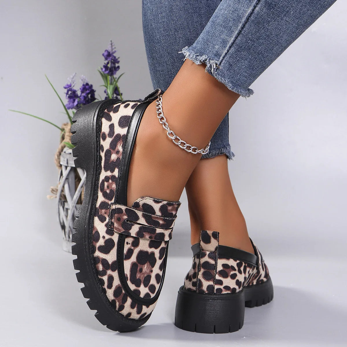 Women's Fashion Leopard Patchwork Slip-on Loafers Chunky Heel Platform Flats 2024 New Moccasins Casual Shoes Plus Size Zapatos