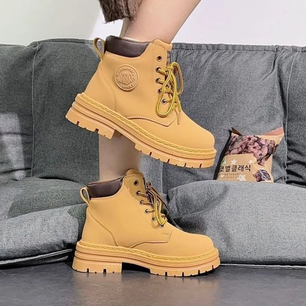 2024 Fashion Round Toe Women’s Platform Non-slip Leather Booties Lace-up Boots Outdoor Casual Women Boots Botas Mujer