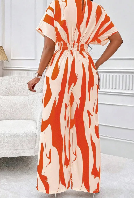Spring Summer New Printed Short Sleeve For Women's Jumpsuit Fashion Waist Slim Simple Elegant Female Office Jumpsuit Pants