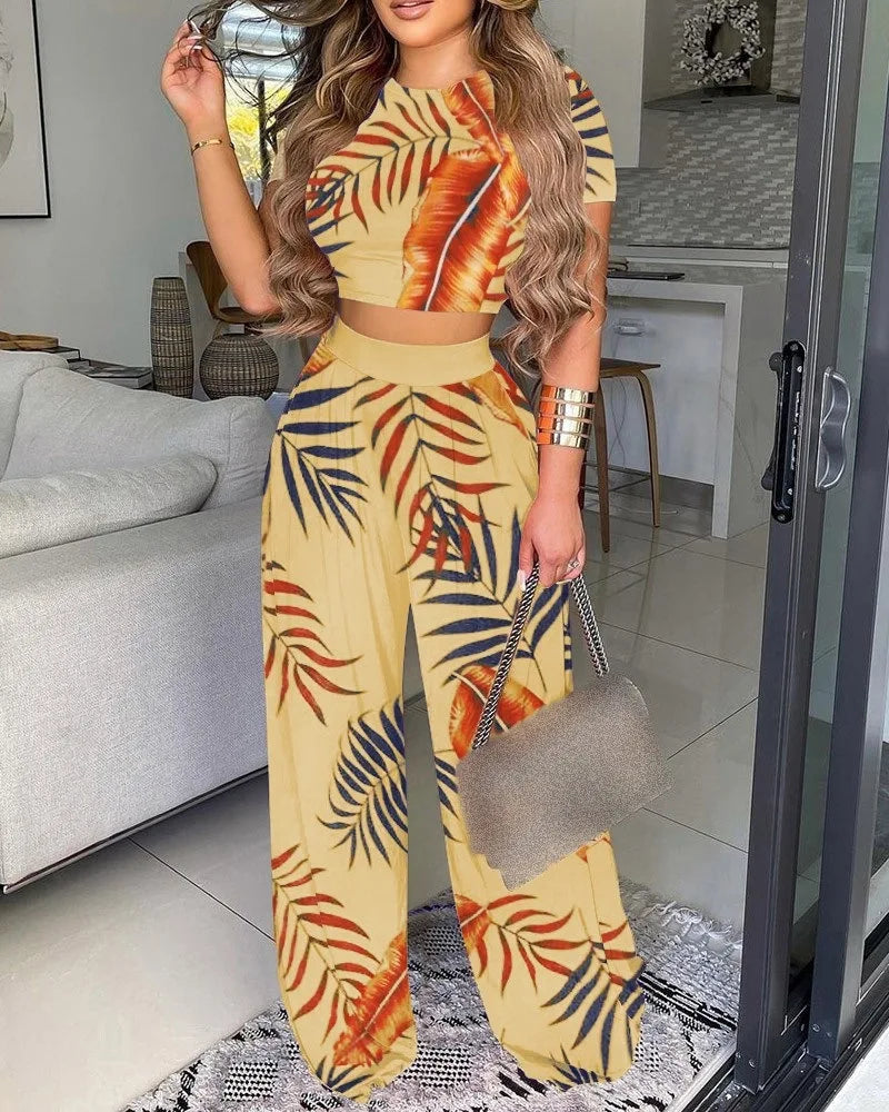 New Women's Sexy Ultra Short Top Set Summer Fashion Printed Corset Waist Long Pants Slim Elegant Female Casual Pants 2 Piece Set
