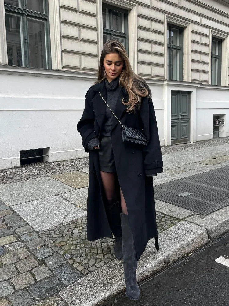 Fashion With Belt Black Woolen Long Coat For Women Oversize Loose Double Button Lapel Overcoat Autumn Lady High Street Outerwear