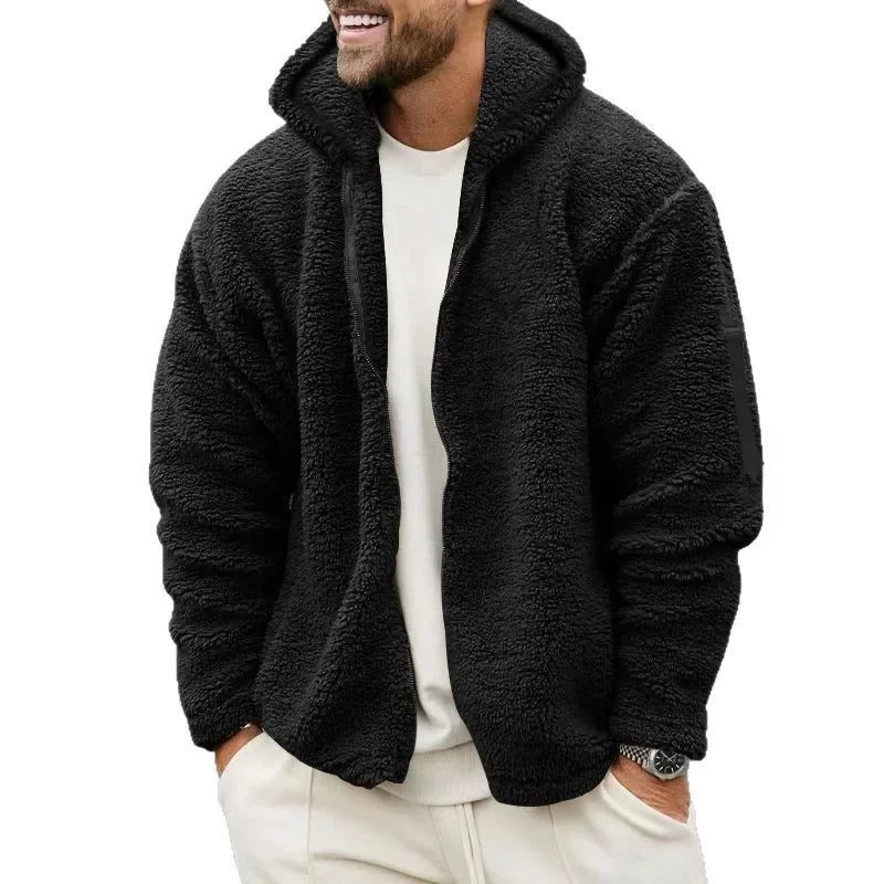 Men’s Fleece Jacket – Hooded, warm, loose fit, casual winter style.