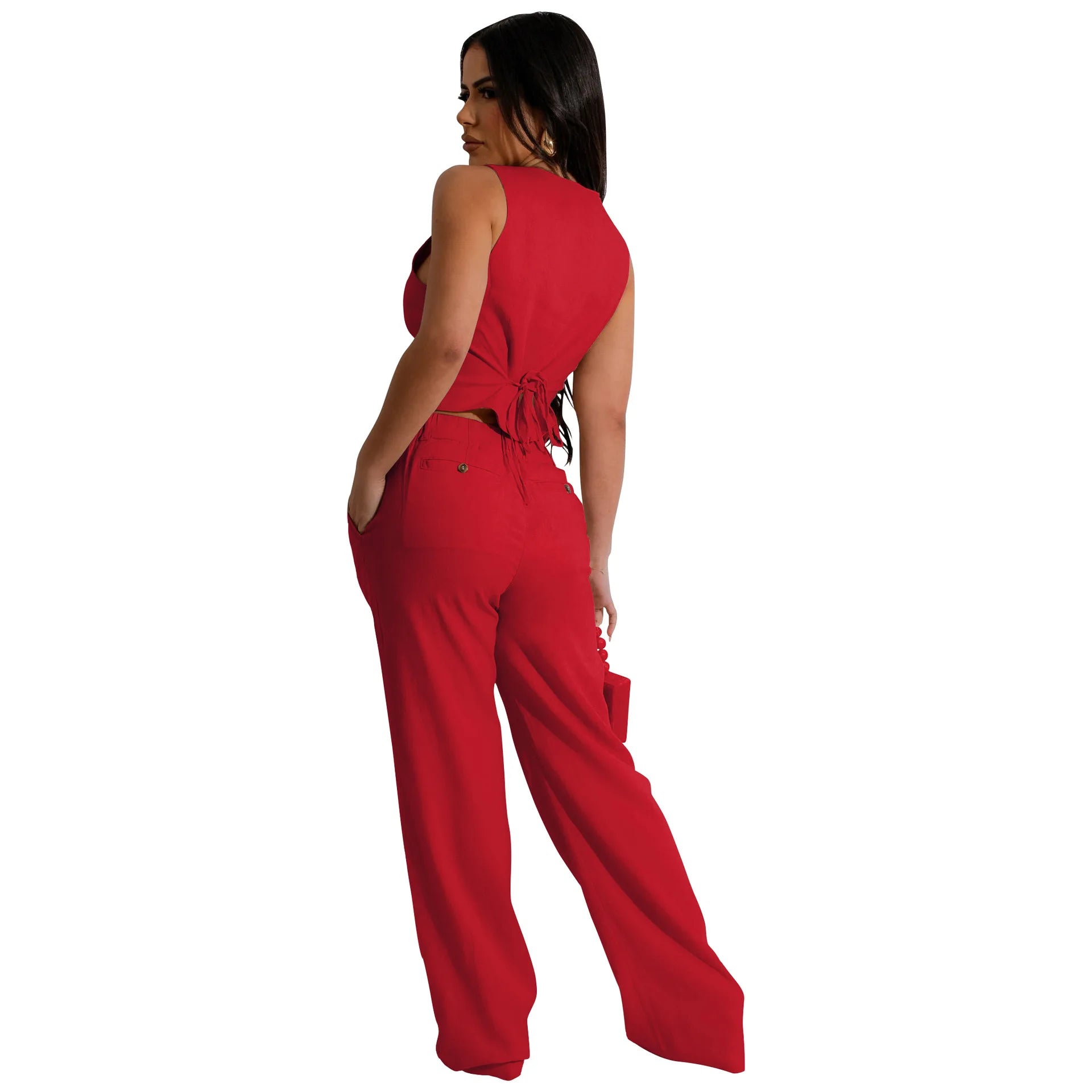Fashion Sleeveless Vest Pants Women Solid Color Suit Spring Summer V Neck Ultra Short Top + Slim Pants Female Office 2 Piece Set
