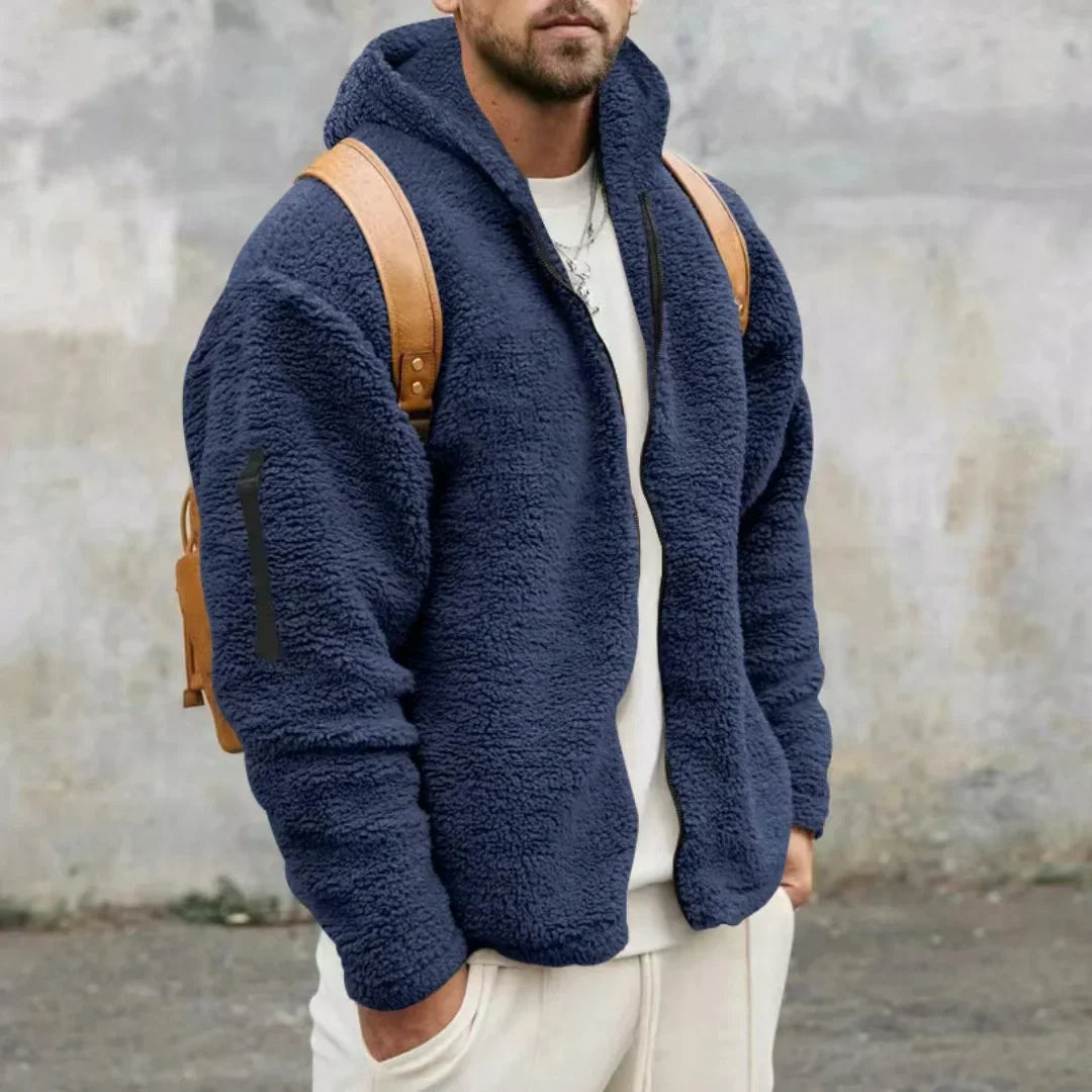 Men’s Fleece Jacket – Hooded, warm, loose fit, casual winter style.