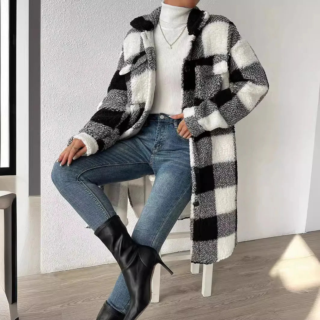 Long Plaid Fleece Coat with Pockets – Autumn & Winter