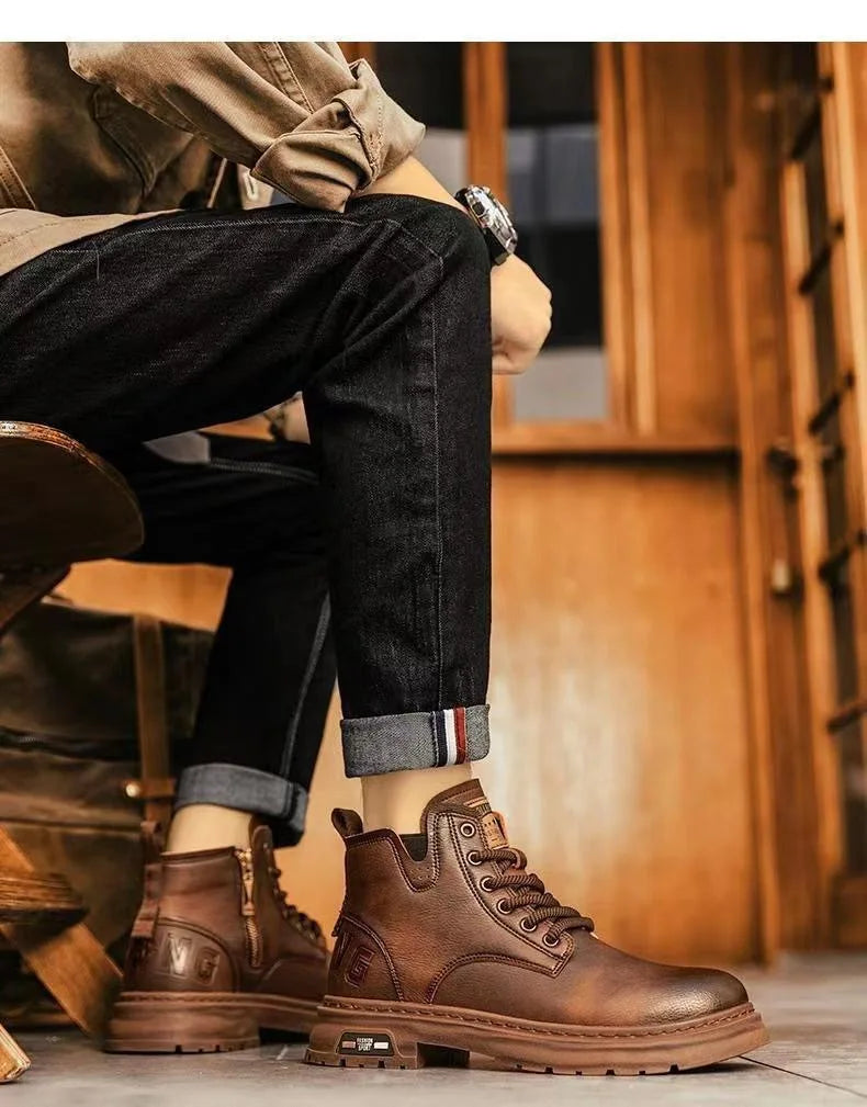 Luxury Men Ankle Boots Retro British High-top Men Boots Fashion High Quality Leather Shoes 2024 New Outdoor Men Motorcycle Boots