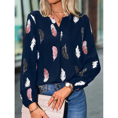 Women's Tops V-neck Feather Print Long Sleeved Loose Comfortable Blouse Autumn Winter New Versatile Casual Simple Plus Size Top