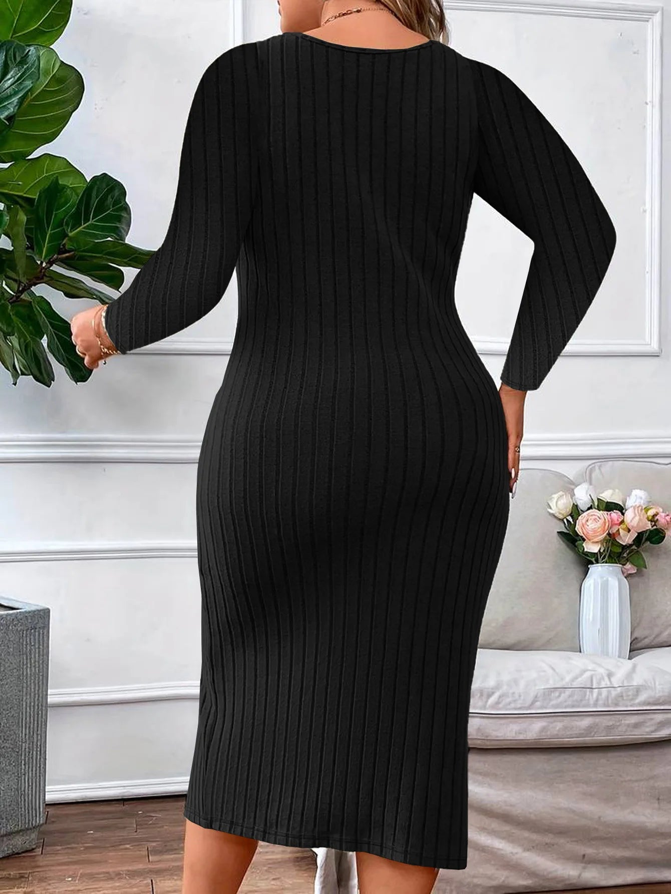 Plus Size Solid Women Dresses Knitted Round Neck Long Sleeves Autumn Fall Sprimg Robe Casual Twist Split Female Clothing