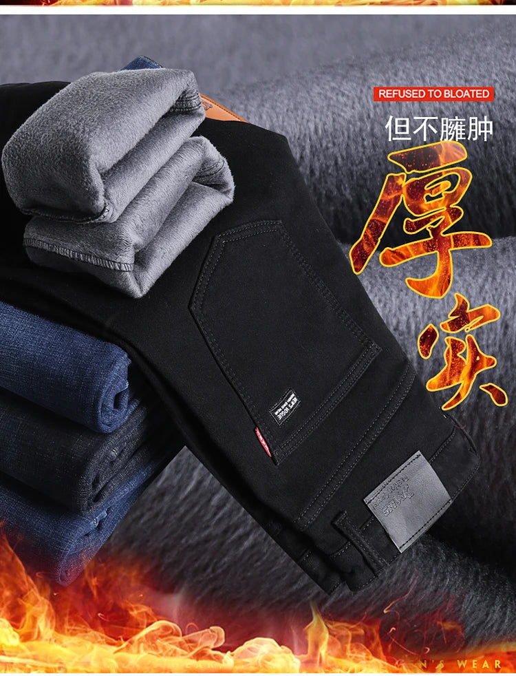 Winter Pure Black Fleece Thick Warm Jeans Men's Slim Straight Elastic Denim Pants Casual Male Clothing Fashion Plush Trousers