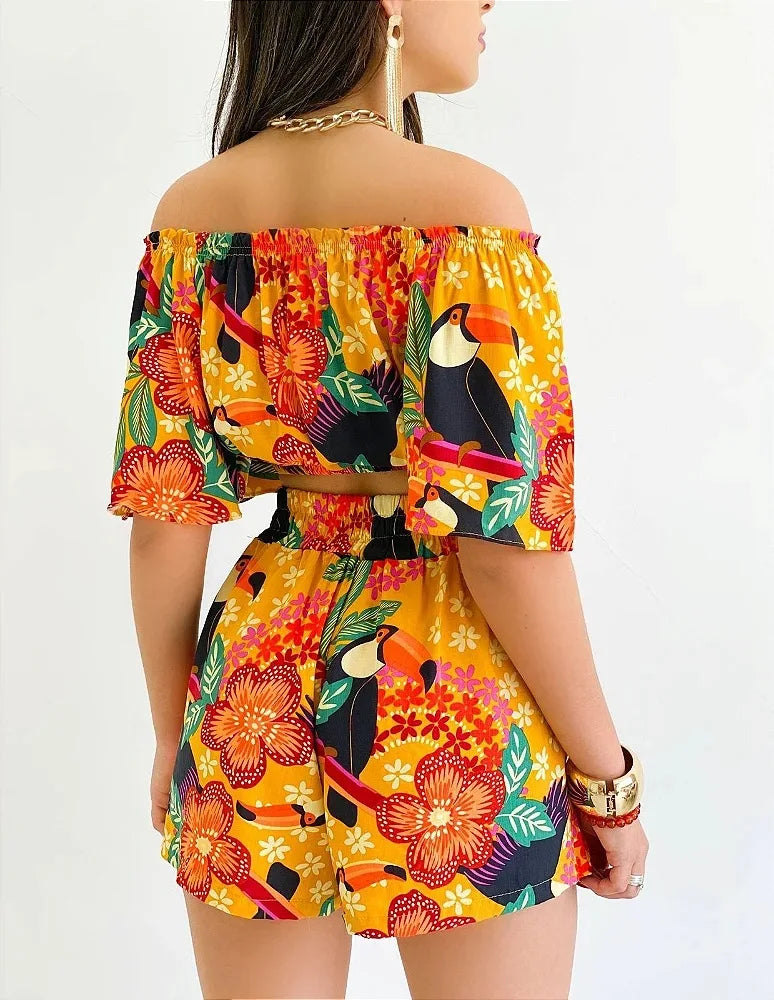 Sexy Off Shoulder Slash Neck T-shirt Shorts Set Office Lady Floral Print Lace Up Short Sleeve Two Piece Set Women Outfit 2023