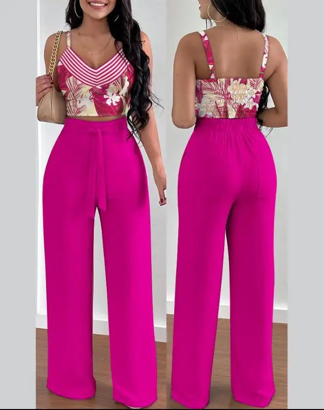 Tow Piceses Outfits for Women 2023 V-Neck Sleeveless Shirred Crop Top & Pocket Design Elegant Work Lady Wide Leg Pants Set