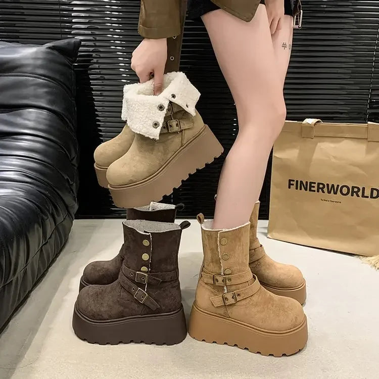 Women’s Winter Boots – Thick sole, ultra high heel, fleece-lined, mid-calf, round toe.