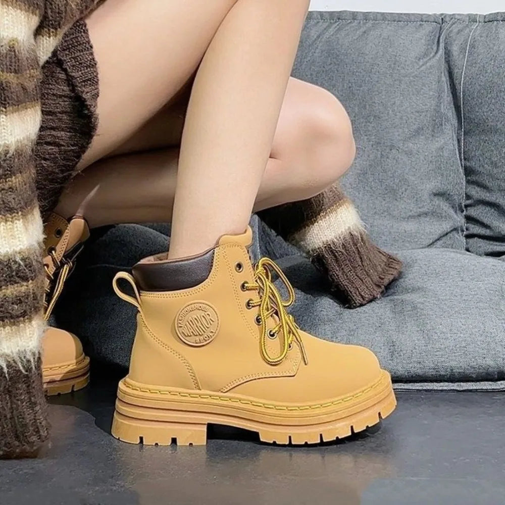 2024 Fashion Round Toe Women’s Platform Non-slip Leather Booties Lace-up Boots Outdoor Casual Women Boots Botas Mujer