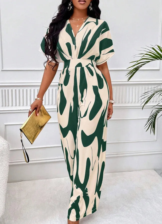 Spring Summer New Printed Short Sleeve For Women's Jumpsuit Fashion Waist Slim Simple Elegant Female Office Jumpsuit Pants