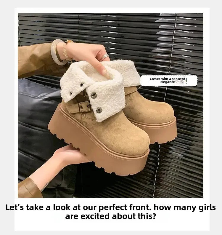 Women’s Winter Boots – Thick sole, ultra high heel, fleece-lined, mid-calf, round toe.