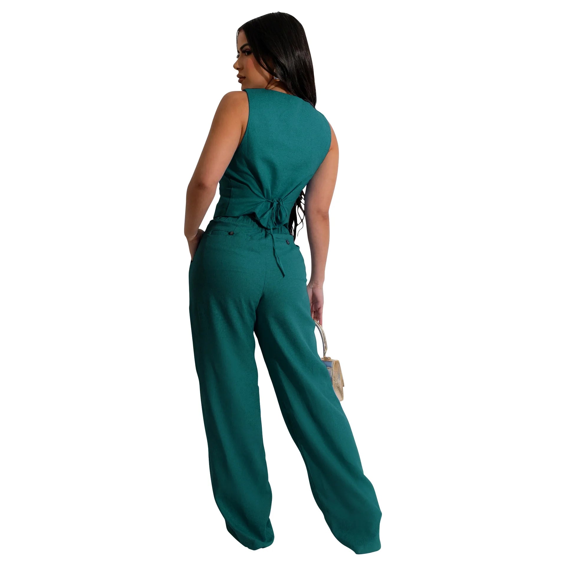 Fashion Sleeveless Vest Pants Women Solid Color Suit Spring Summer V Neck Ultra Short Top + Slim Pants Female Office 2 Piece Set