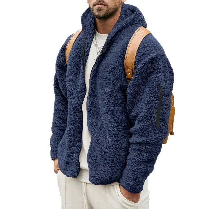 Men’s Fleece Jacket – Hooded, warm, loose fit, casual winter style.