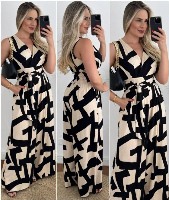 Women's fashionable and minimalist style women's deep V-waist tied jumpsuit -88209 sleeveless mid waist straight leg pants 2024