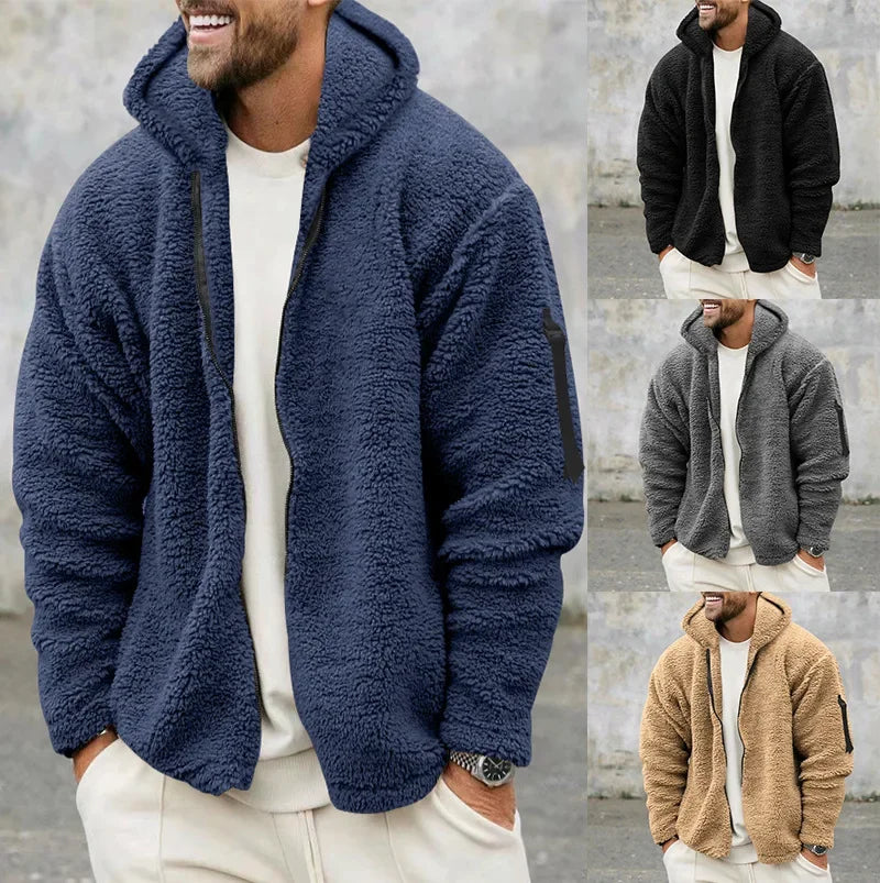 Men’s Fleece Jacket – Hooded, warm, loose fit, casual winter style.