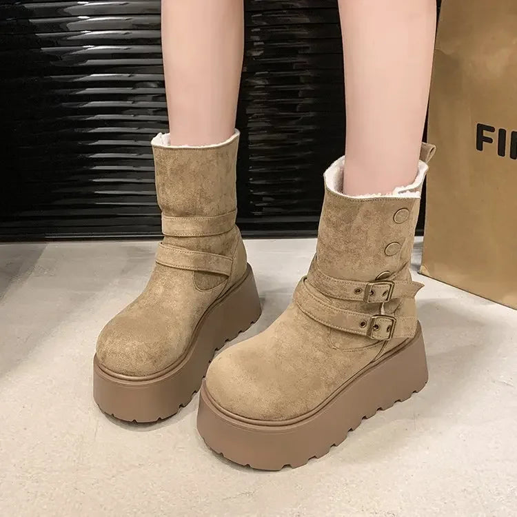 Women’s Winter Boots – Thick sole, ultra high heel, fleece-lined, mid-calf, round toe.