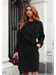 Women's S-2XL Size New Fashion Slim Fit Waist Belt Flip Collar Woolen Coat trench coat  trench coat for women