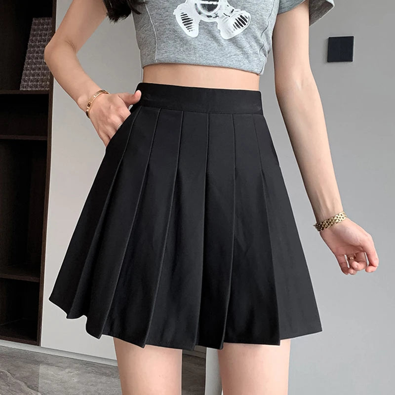 Rimocy Korean Elastic High Waist Pleated Skirt Woman Black Gray Short A-Line Skirts for Women 2023 Summer Jk Uniform Mini Skirt