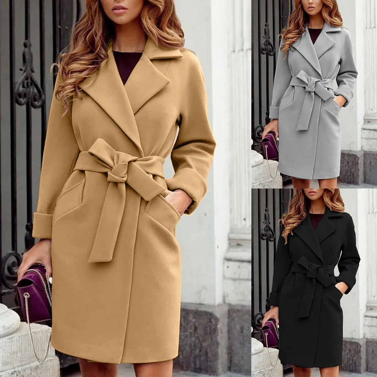 Women's S-2XL Size New Fashion Slim Fit Waist Belt Flip Collar Woolen Coat trench coat  trench coat for women