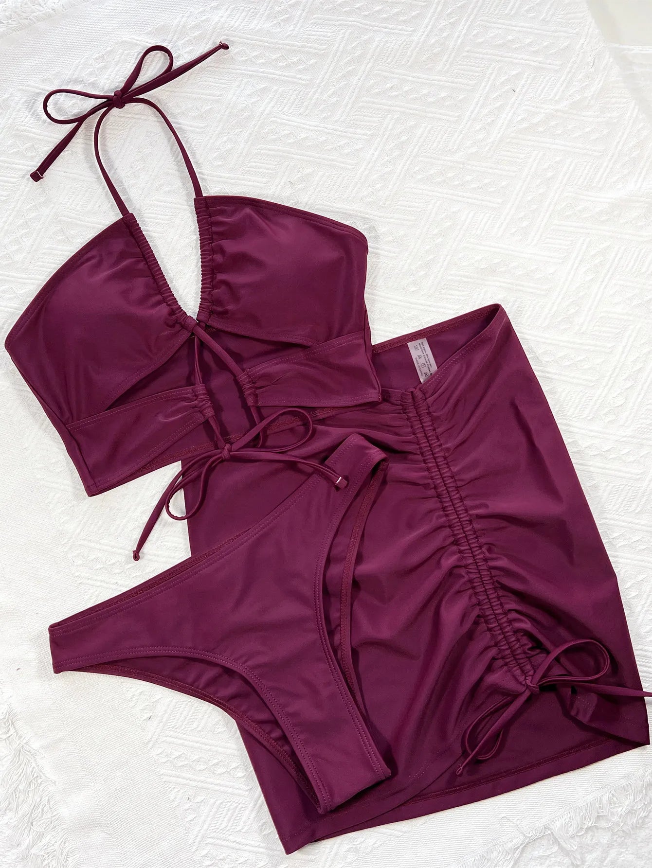 Three-Piece Swimsuit with Skirt — Wrinkled, Cut-Out Bikini Set.