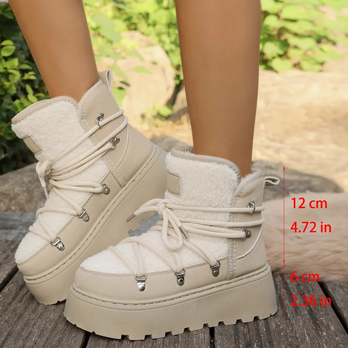 Women’s Winter Snow Boots – Warm, Fleece-Lined, Thick Sole, Cotton Material, Adjustable Ties, Non-Slip Rubber Outsole,