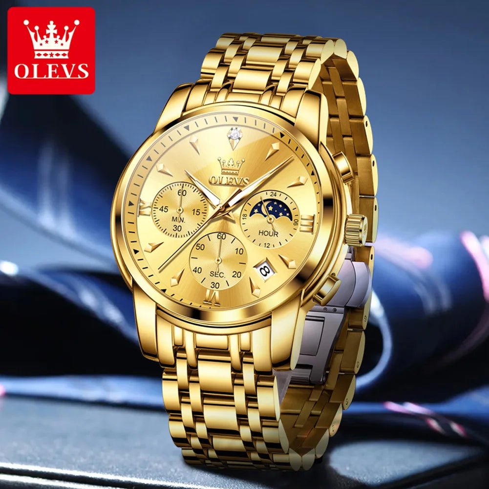 OLEVS 3639 Moon Phase Quartz Watch For Men Fashion Chronograph Luxury Wristwatch Waterproof Luminous Date Business Man Watches