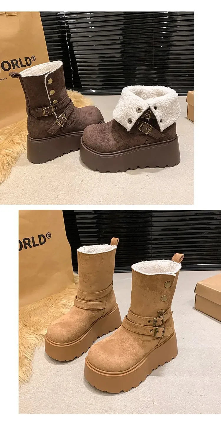 Women’s Winter Boots – Thick sole, ultra high heel, fleece-lined, mid-calf, round toe.