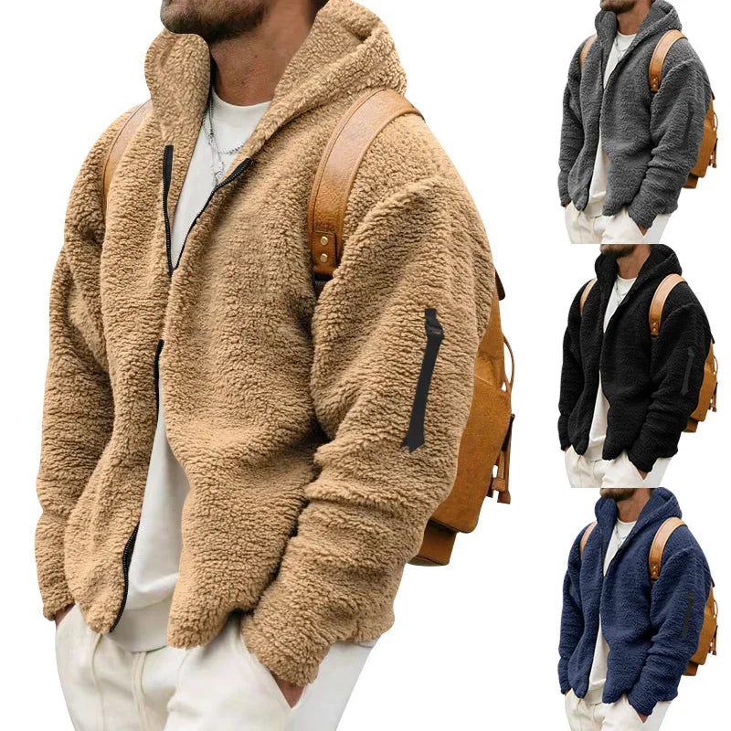 Men’s Fleece Jacket – Hooded, warm, loose fit, casual winter style.