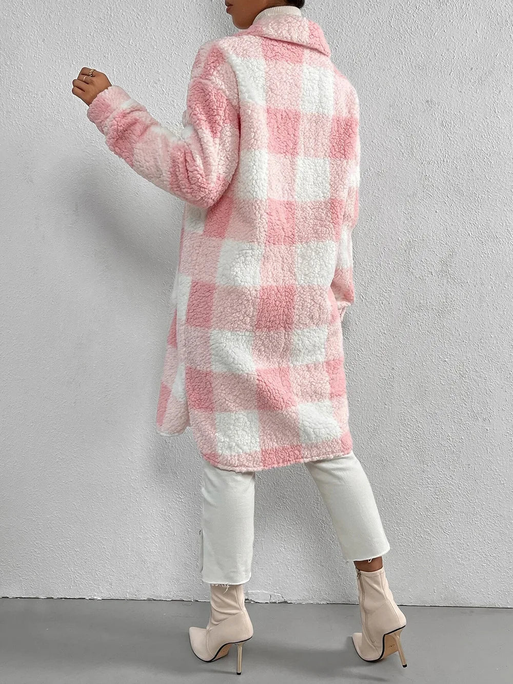 Long Plaid Fleece Coat with Pockets – Autumn & Winter