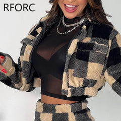 2023 Women Plaid Pattern Short Jacket Top & Silt Skirts Pockets Winter Two Pieces Skirt Set