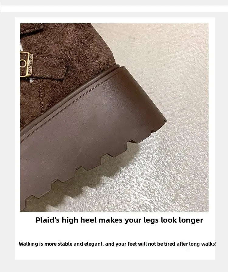 Women’s Winter Boots – Thick sole, ultra high heel, fleece-lined, mid-calf, round toe.