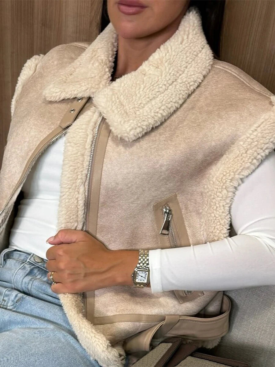 Women Leather Sherpa Vest Fur Collar Sleeveless Zipper Faux Suede Shearling Vest 2024 Biker Moto Jacket Winter Warm Outerwear