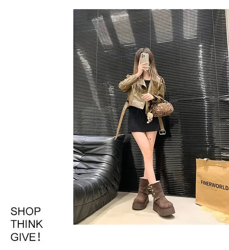 Women’s Winter Boots – Thick sole, ultra high heel, fleece-lined, mid-calf, round toe.