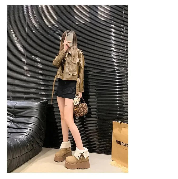 Women’s Winter Boots – Thick sole, ultra high heel, fleece-lined, mid-calf, round toe.