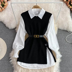 2024 Autumn Long Sleeve White Shirt Sweater Set Chic Age-Reducing Loose Fit Knit Vest Vest 2-Piece Set For Women