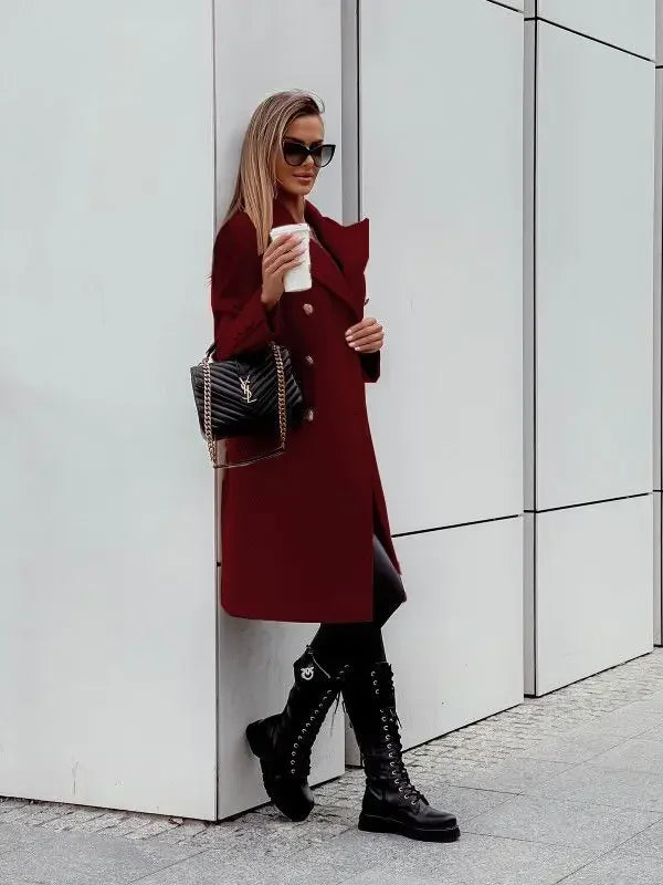 Women’s Double-Breasted Wool Coat – Midi length, V-neck, elegant and fashionable.