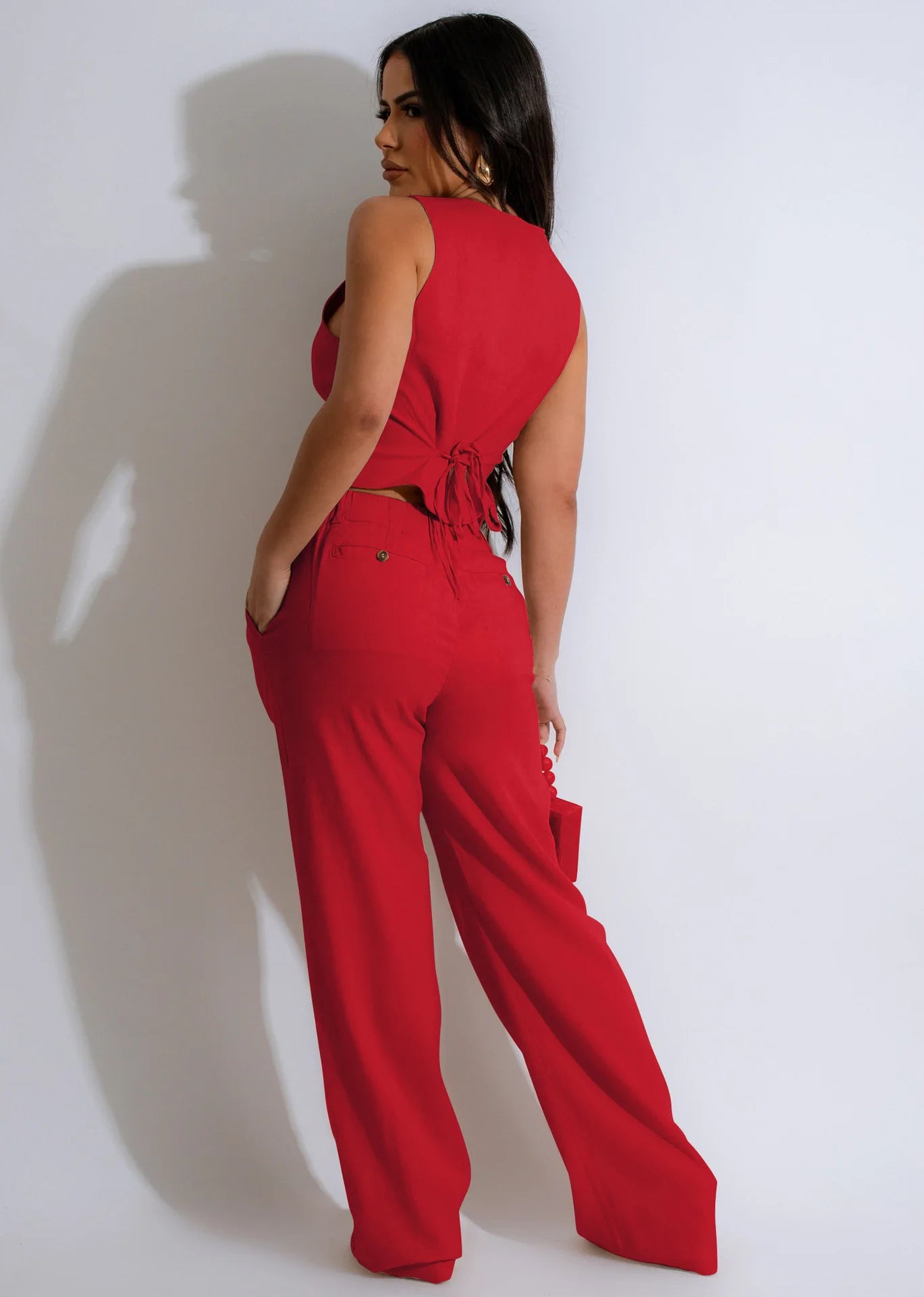 Fashion Sleeveless Vest Pants Women Solid Color Suit Spring Summer V Neck Ultra Short Top + Slim Pants Female Office 2 Piece Set