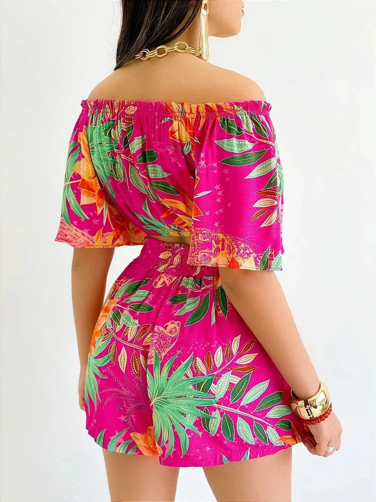 Sexy Off Shoulder Slash Neck T-shirt Shorts Set Office Lady Floral Print Lace Up Short Sleeve Two Piece Set Women Outfit 2023