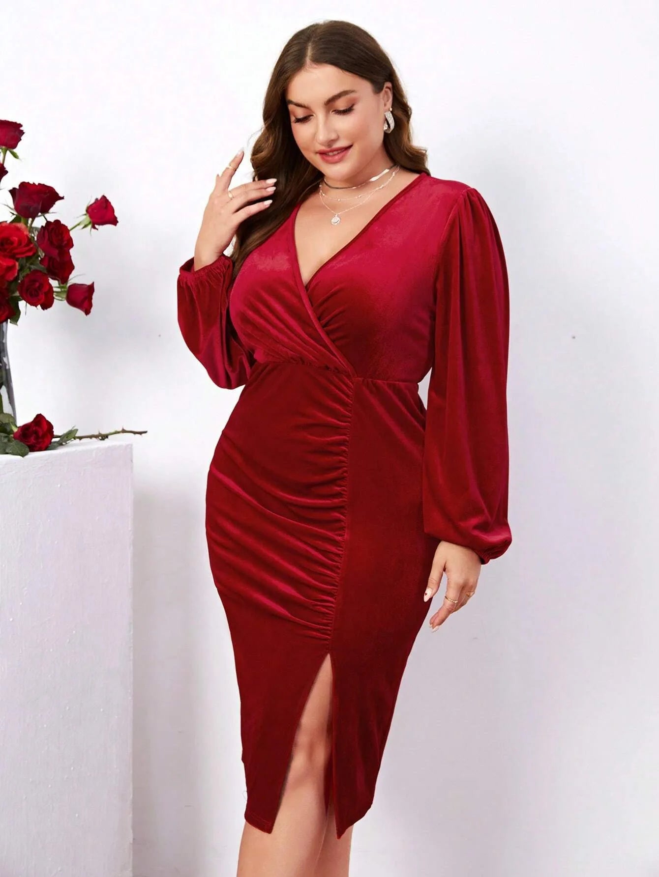 2024 Winter Wine Red Velvet Plus Size Dress Women V-Neck Long Sleeve Midi Dresses Ladies Sexy Split Bodycon Evening Party Dress