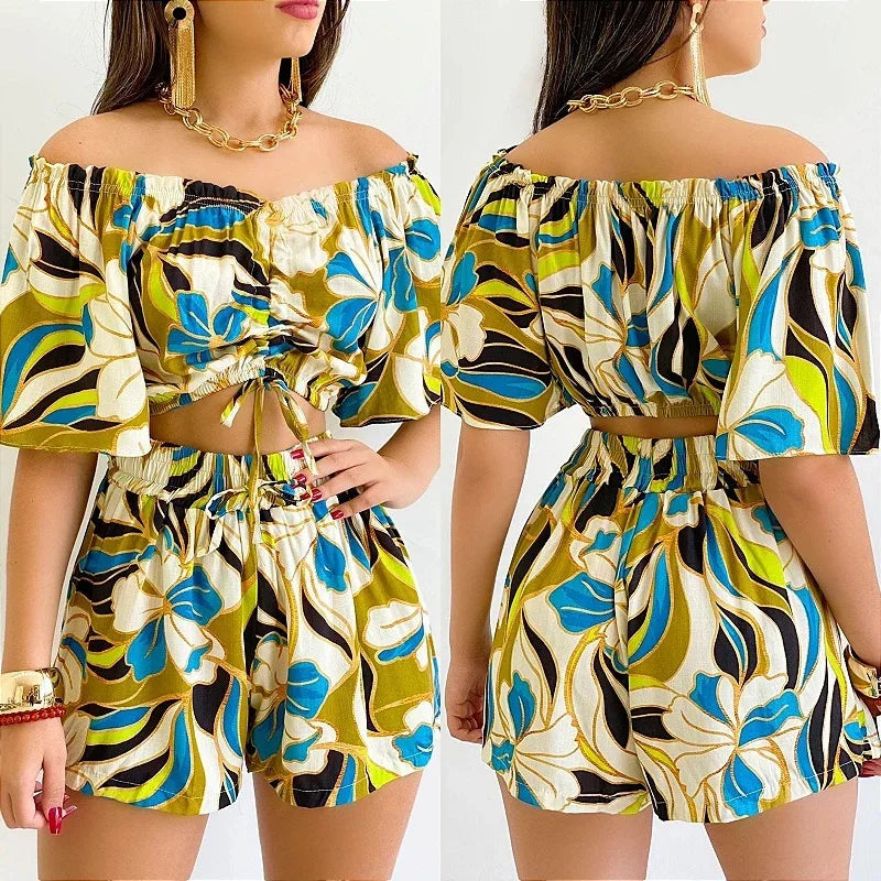 Sexy Off Shoulder Slash Neck T-shirt Shorts Set Office Lady Floral Print Lace Up Short Sleeve Two Piece Set Women Outfit 2023