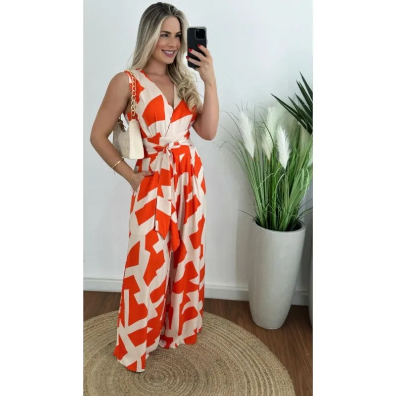 Women's fashionable and minimalist style women's deep V-waist tied jumpsuit -88209 sleeveless mid waist straight leg pants 2024