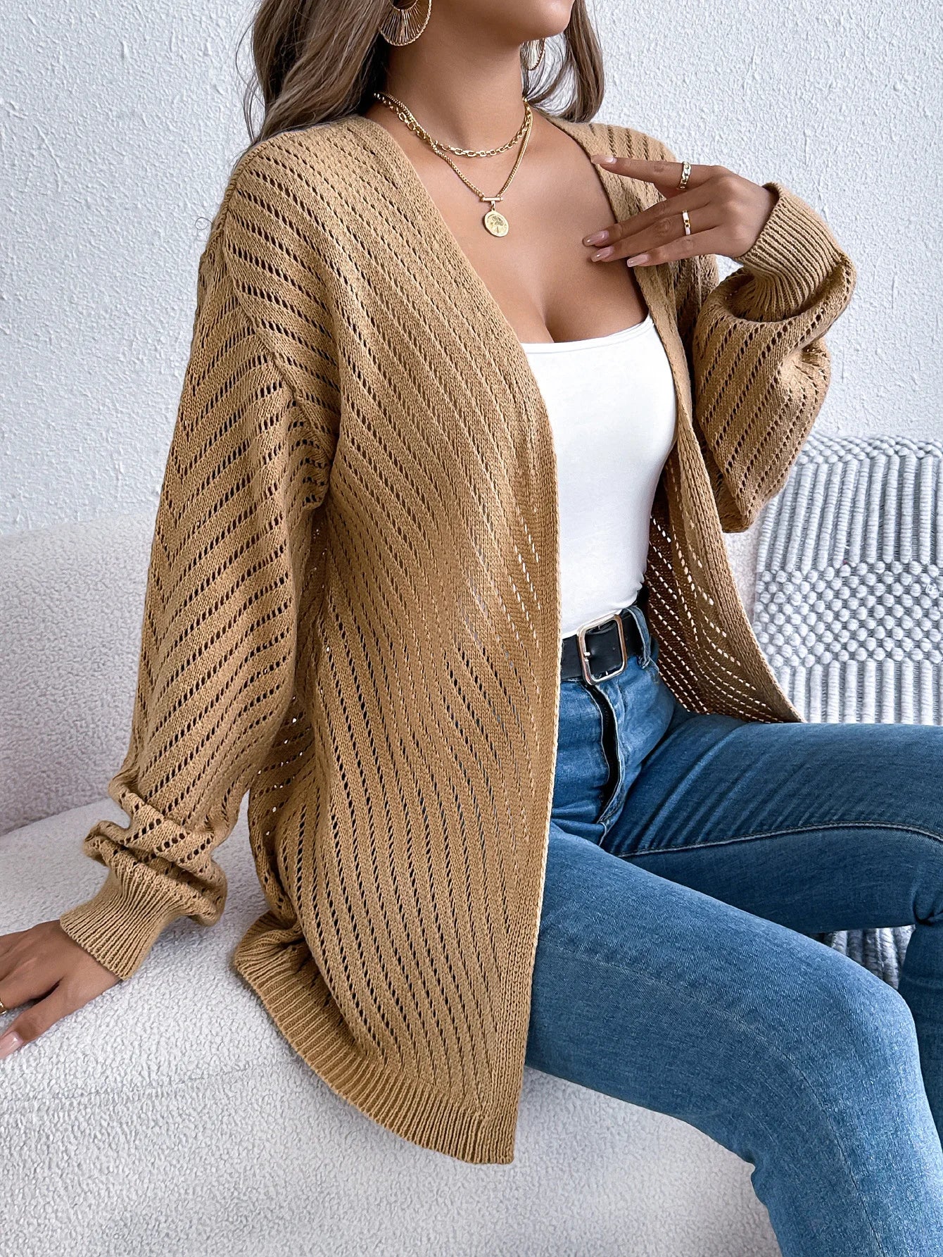 Solid Knit Long Sleeve Cardigan – Autumn & Winter